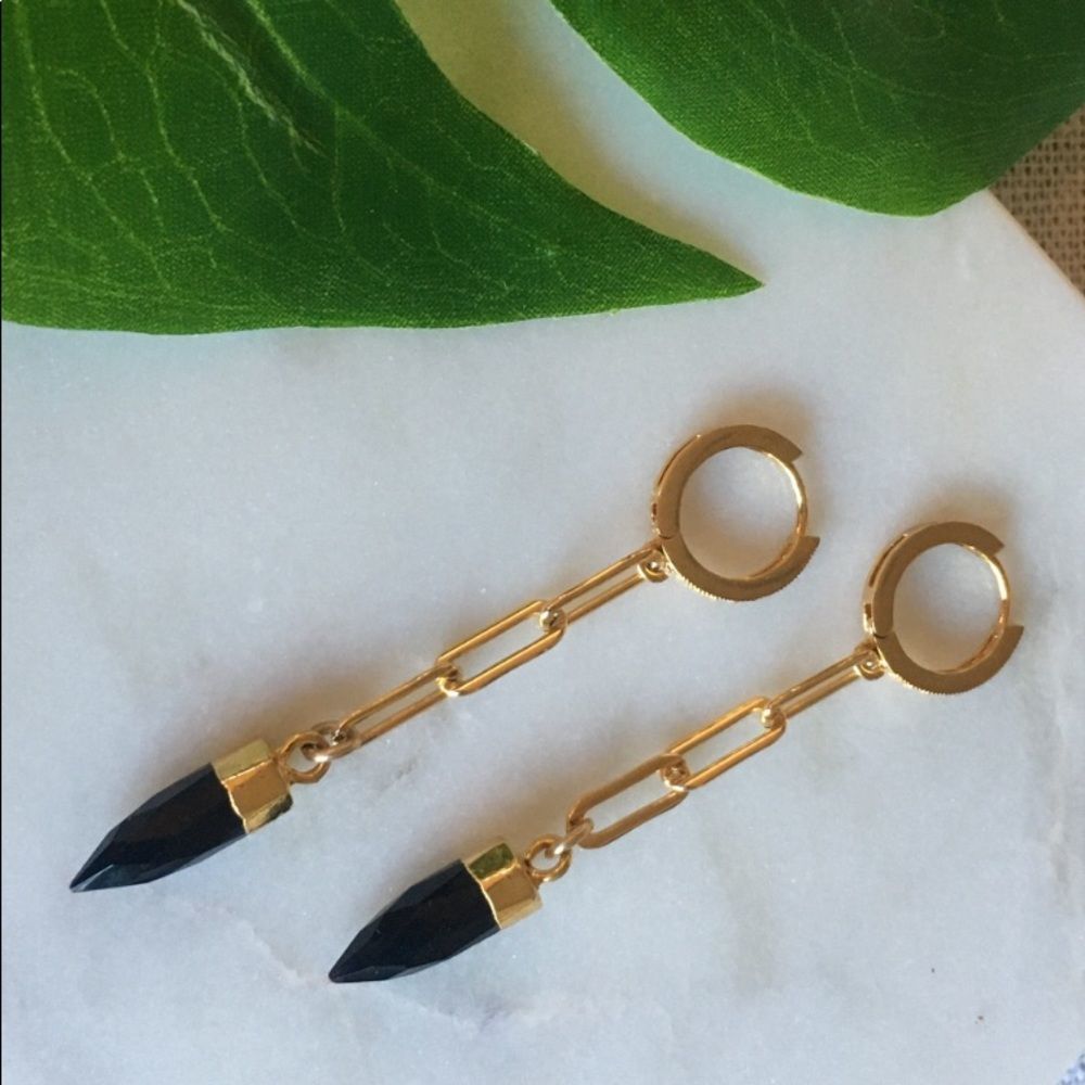 New gold huggie hoop earrings with long dangle paper clip chain and black onyx
